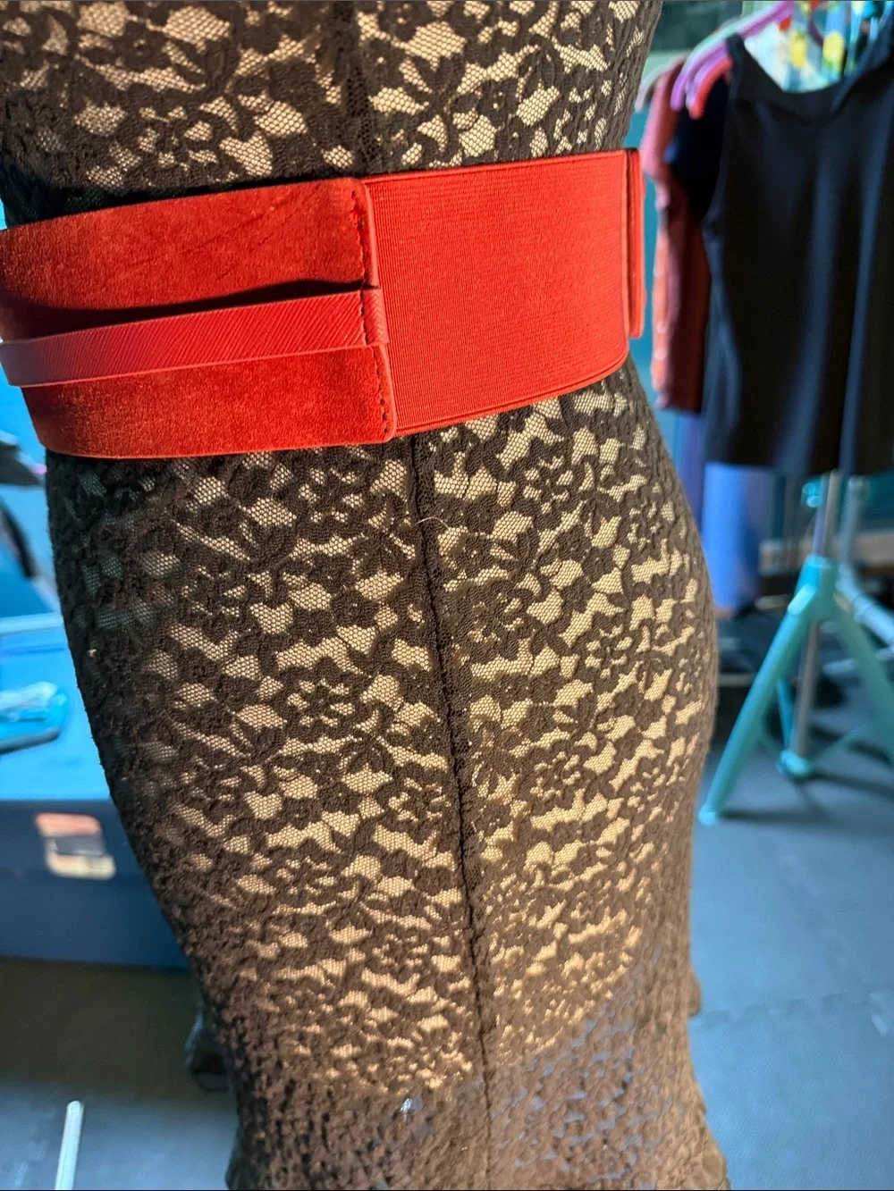 Red Suede Layered Waist Belt with Gold Buckle